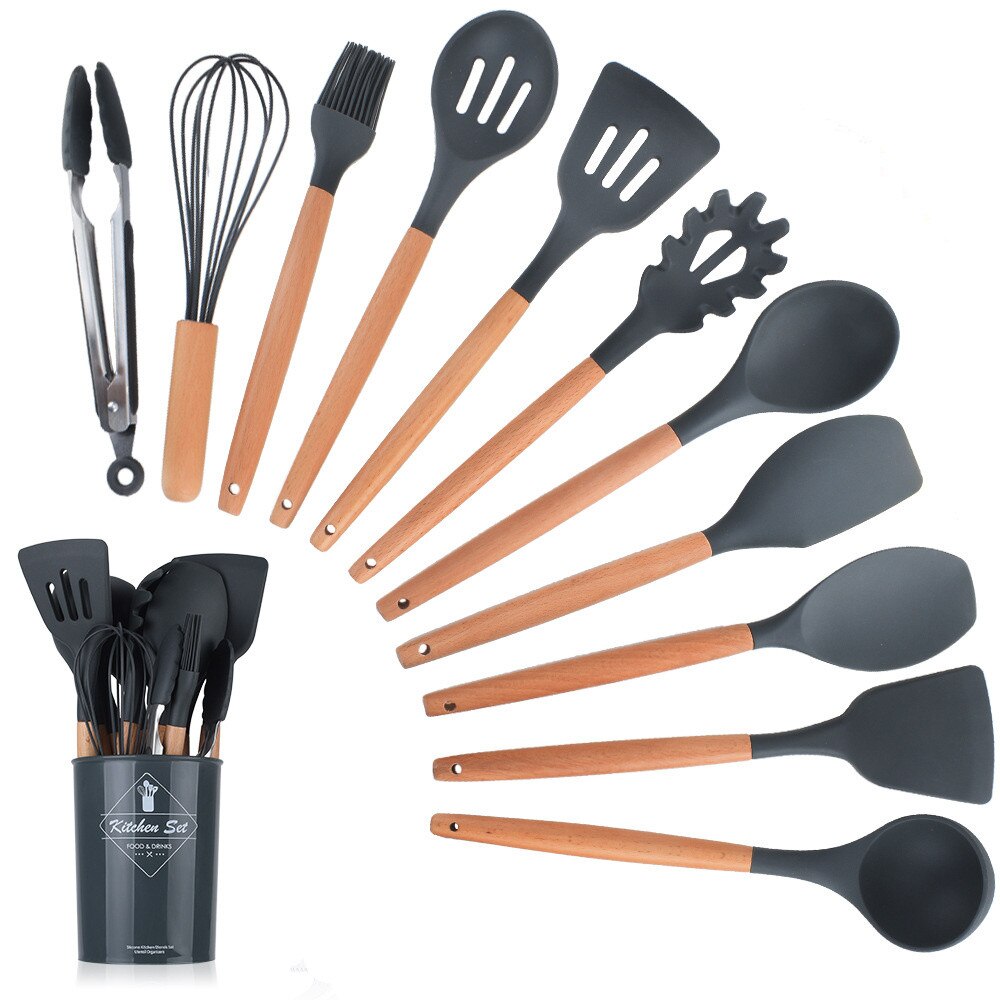 LMETJMA 11 Pcs Kitchen Cooking Utensil Set Silicone Cooking BakingT ools Set BPA Free Nonstick Cookware With Container KC0288