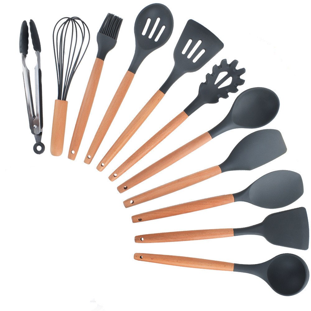 LMETJMA 11 Pcs Kitchen Cooking Utensil Set Silicone Cooking BakingT ools Set BPA Free Nonstick Cookware With Container KC0288